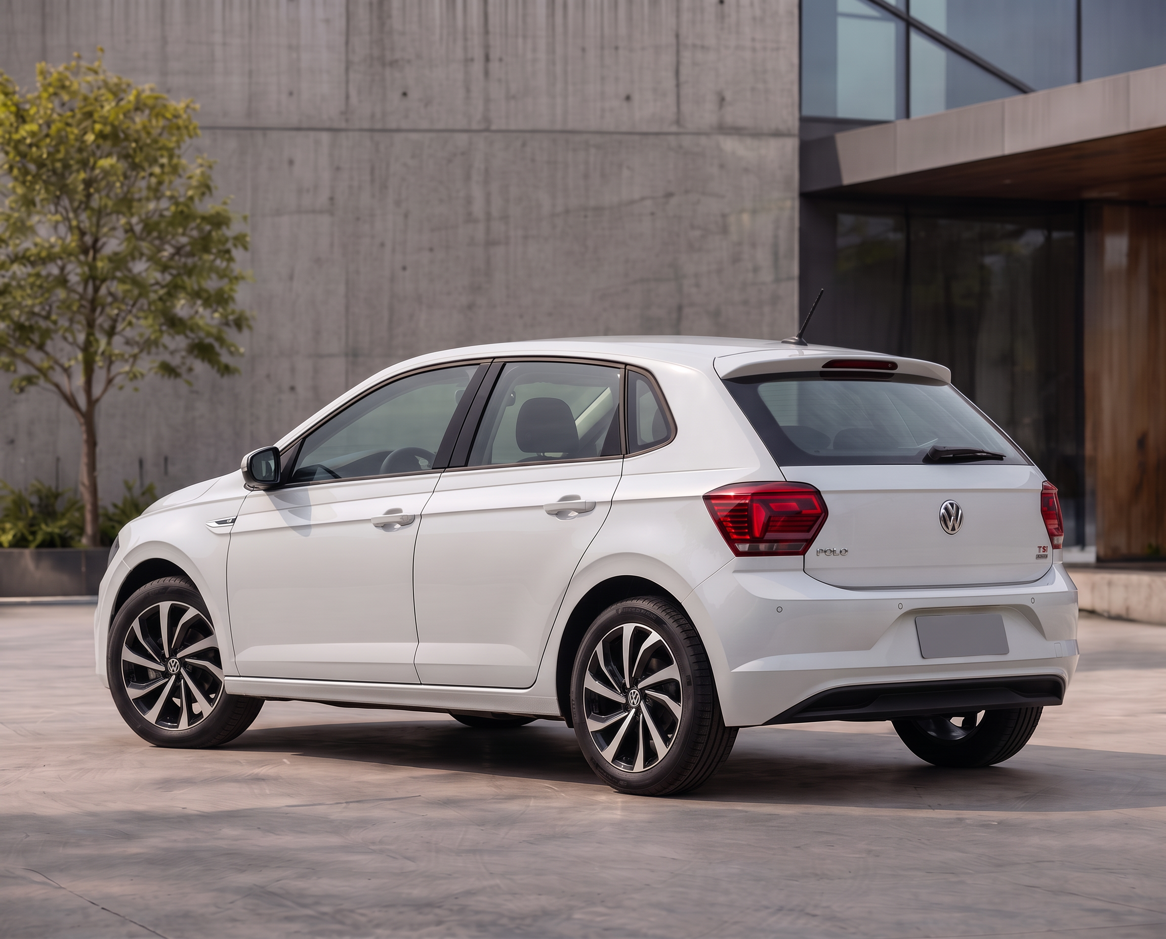 Volkswagen Polo Highline Branco Cristal, visto de traseira em três quartos — imagem ilustrativa baseada nas referências enviadas