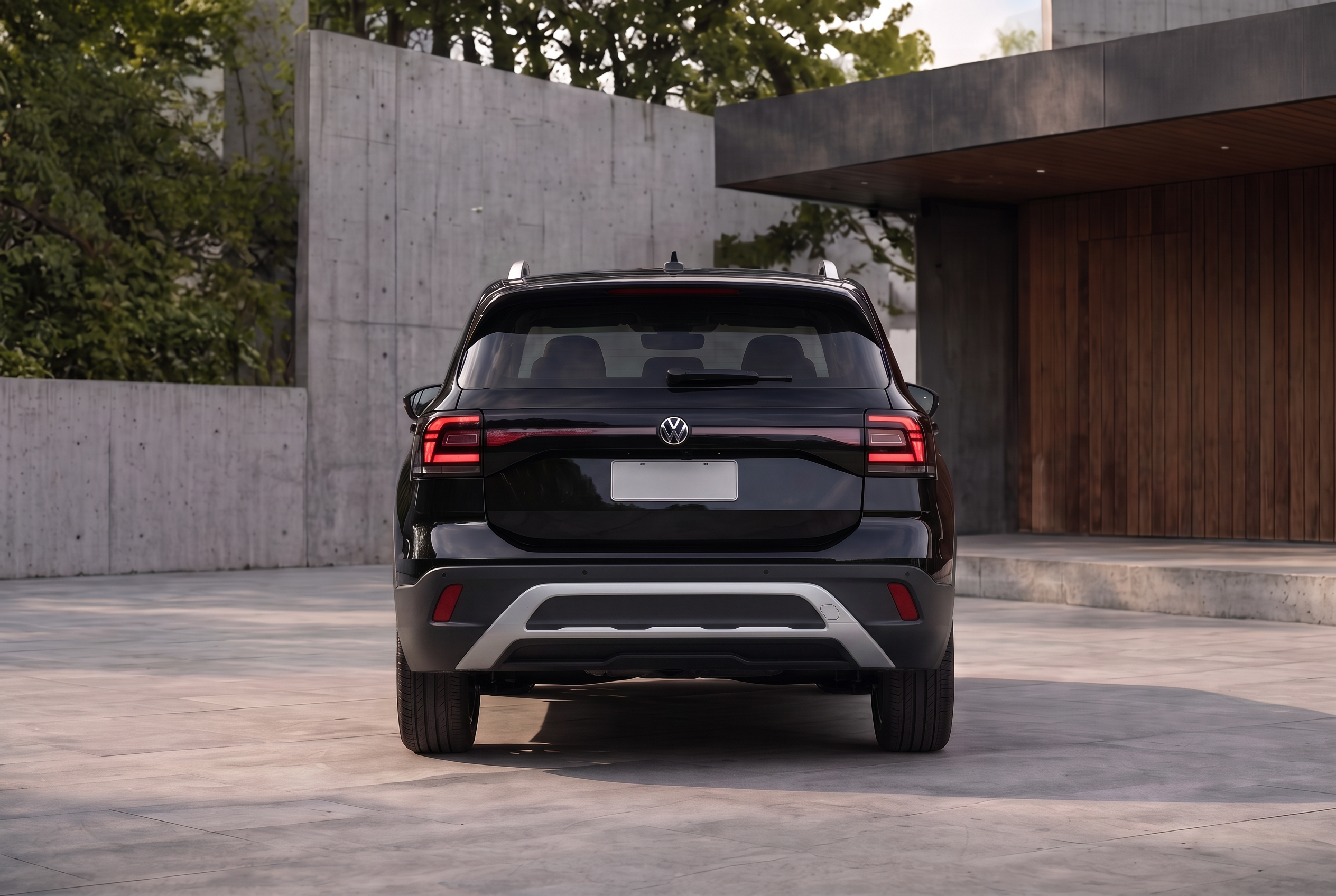 Volkswagen T-Cross Highline Preto Ninja, visto de traseira — imagem ilustrativa baseada nas referências enviadas